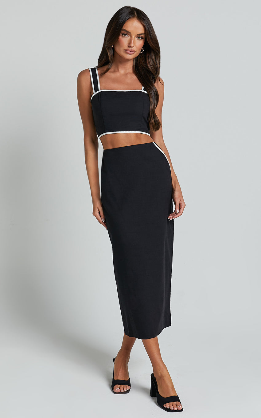 Rita Two Piece Set - Linen Contrast Crop Top and Pencil Midi Skirt Set in Black