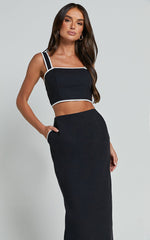 Rita Two Piece Set - Linen Contrast Crop Top and Pencil Midi Skirt Set in Black