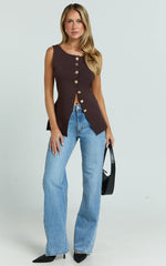 Riva Top - Hardware Detail Button Down Sleeveless Vest Top in Chocolate