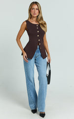 Riva Top - Hardware Detail Button Down Sleeveless Vest Top in Chocolate