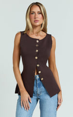 Riva Top - Hardware Detail Button Down Sleeveless Vest Top in Chocolate