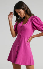 Rochelle Mini Dress - V Neck Button Through Dress in Purple