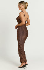 Roma Midi Dress - Ruched Cowl Neck Dress in Chocolate Lurex
