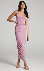 Roma Midi Dress - Ruched Cowl Neck Dress in Pink Lurex