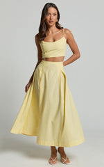 Rosalee Two Piece Top and Skirt Set - Strappy Crop Top and High Waisted A Line Midi Skirt Set in Yellow