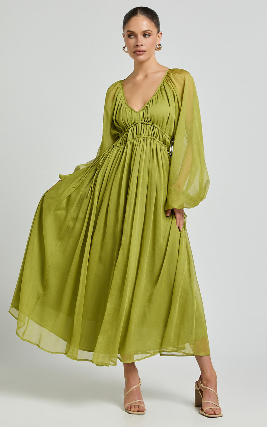 Roxanna Midi Dress - Long Sleeve Ruched Waist Dress in Green