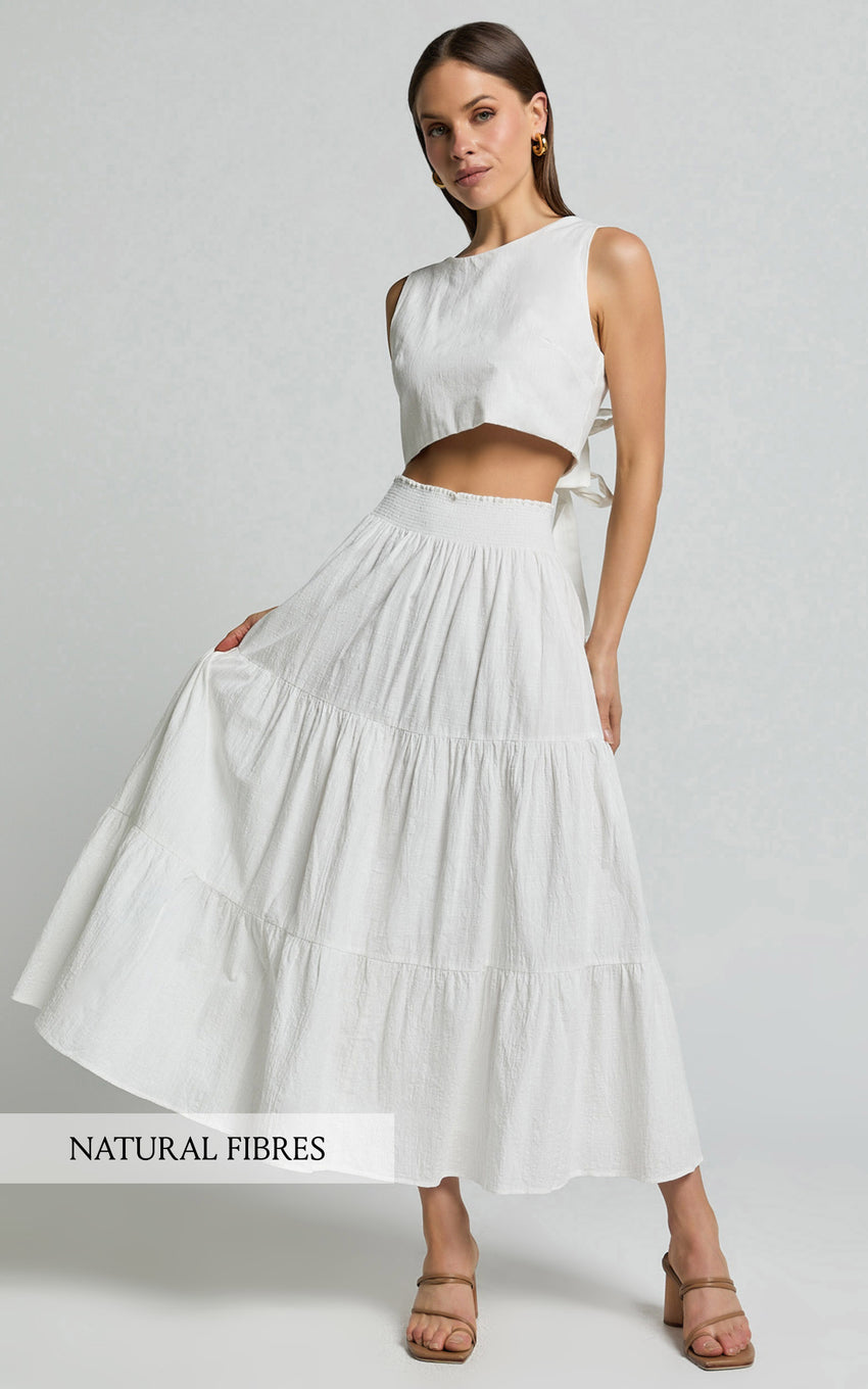 Ruby Midi Skirt - Shirred High Waist Cotton Tiered Skirt in Off White