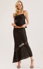 Adele Midi Skirt - Satin Slip Skirt with Lace Detail in Black