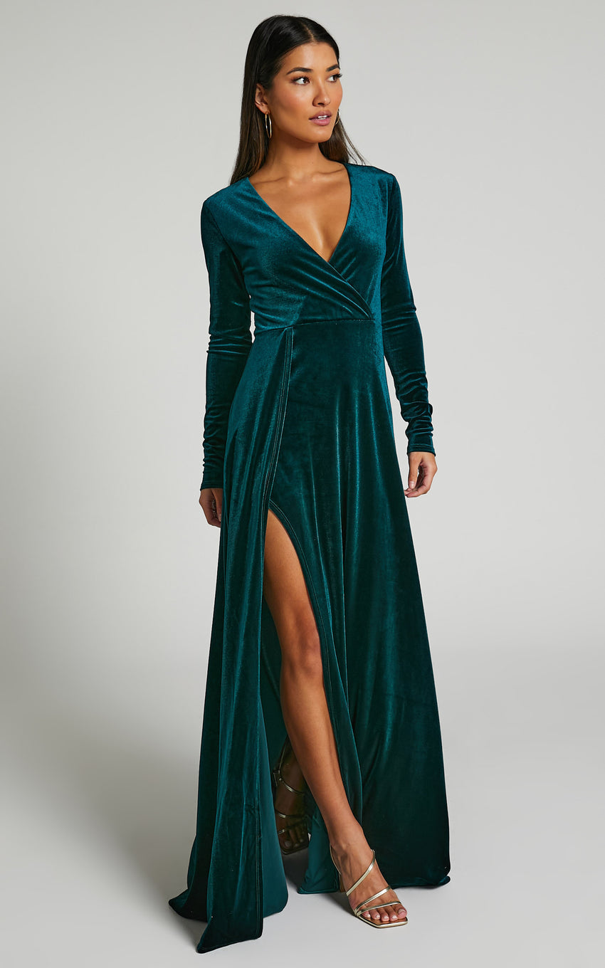 Sloane Maxi Dress - Long Sleeve Wrap Dress in Emerald