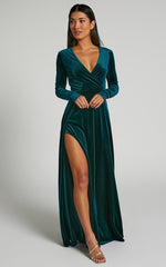 Sloane Maxi Dress - Long Sleeve Wrap Dress in Emerald