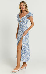 Sally Midi Dress - Flutter Sleeve Cut Out Thigh Split Dress in Blue Floral