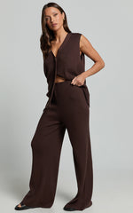 Sasha Top - Knitted Button Through V Neck Sleeveless Top in Chocolate