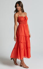 Schiffer Midi Dress - Strappy Ruched Tie Front Tiered Dress in Red Orange