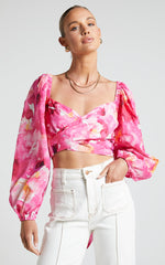 Shairah Top - Long Sleeve Tie Back Wrap Crop Top in Sunset Rainbows