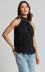 Shaylie Top - High Neck Halter Plisse Top in Black