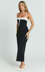 Sheffield Midi Dress - Contrast Tie Front Bodycon Dress in Black