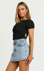 Shirley Top - Shirred Backless Puff Sleeve Top in Black