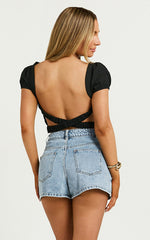 Shirley Top - Shirred Backless Puff Sleeve Top in Black