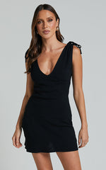 Shykie Mini Linen Blend Dress - Deep V Neck Adjustable Sleeveless Dress in Black