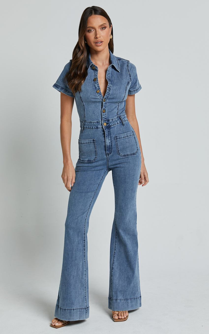 Silvena Jumpsuit - Short Sleeve Flared Denim Jumpsuit in Blue