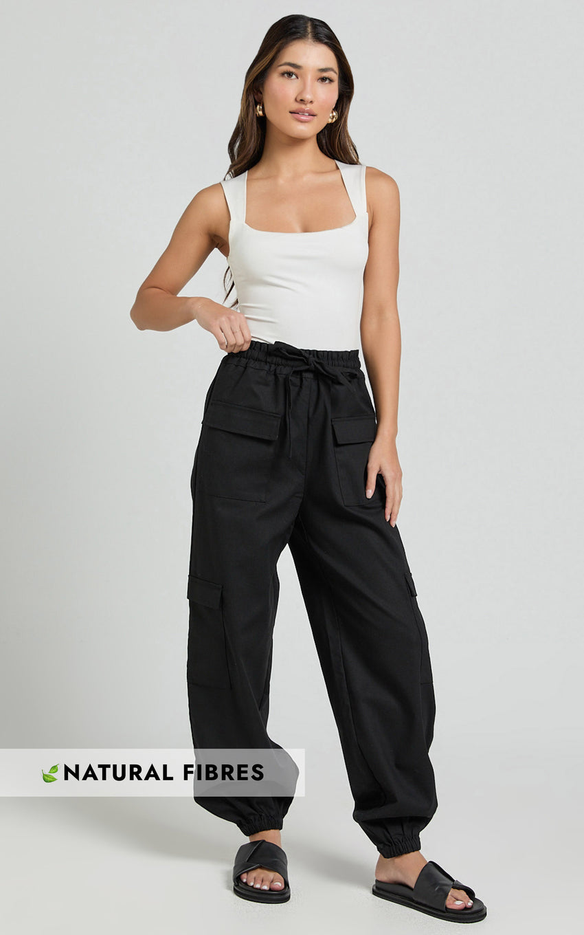 Simpson Pants - Linen Tie Waist Pocket Detail Cargo Pants in Black