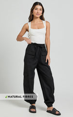 Simpson Pants - Linen Tie Waist Pocket Detail Cargo Pants in Black