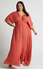 Sitting Pretty Maxi Dress - Short Sleeve Button Down Dress in Rust