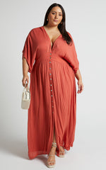 Sitting Pretty Maxi Dress - Short Sleeve Button Down Dress in Rust