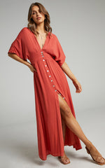 Sitting Pretty Maxi Dress - Short Sleeve Button Down Dress in Rust