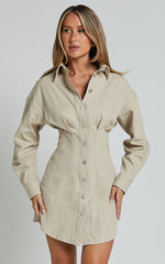 Sofia Mini Dress - Button Through Long Sleeve Dress in Stone