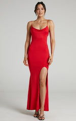 Tasteful Maxi Dress - Cowl Neck Bodycon Thigh Split Dress in Red