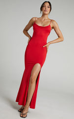 Tasteful Maxi Dress - Cowl Neck Bodycon Thigh Split Dress in Red