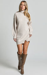 Tianna Mini Dress - Knitted Side Split Jumper Dress in Beige Marl