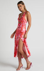 Tove Midi Dress - Twist Front Cut Out Satin Dress in Ice Pink Floral