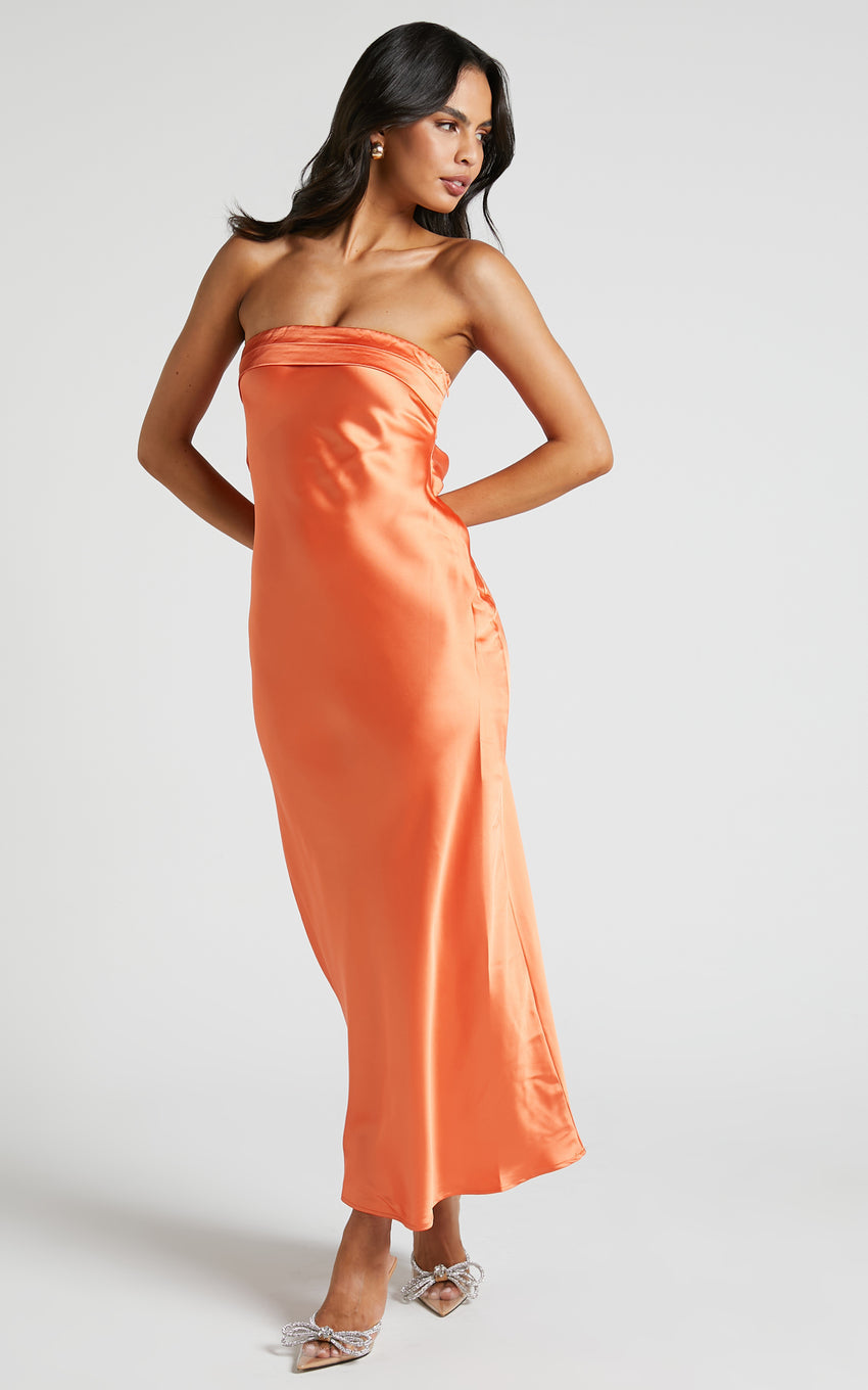 Tracey Maxi Dress - Strapless Back Drape Satin Dress in Ochre
