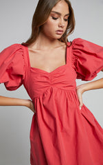 Vashti Mini Dress - Puff Sleeve Sweetheart Dress in Red