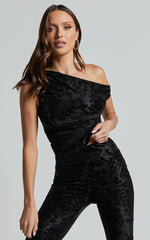 Willow Top - Off Shoulder Ruched Burnout Velvet Top in Black Floral