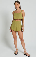Zanrie Two Piece Set - Linen Square Neck Crop Top and High Waist Mini Flare Shorts Set in Celery