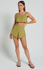 Zanrie Two Piece Set - Linen Square Neck Crop Top and High Waist Mini Flare Shorts Set in Celery