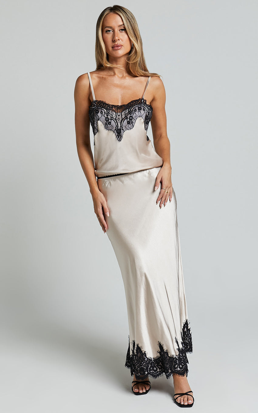 Zareena Midi Skirt - Lace Trim Slip Skirt in Oyster