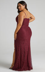 Always Extra Maxi Dress - Thigh Split Dress in Wine Lace
