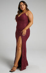 Always Extra Maxi Dress - Thigh Split Dress in Wine Lace