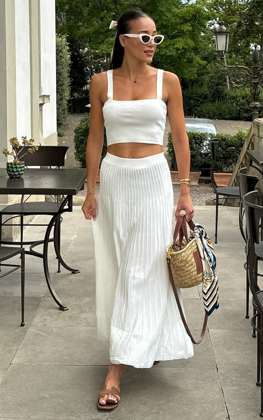 Cherylene Two Piece Set - Knitted Square Neck Crop Top and Midi Skirt Set in Off White