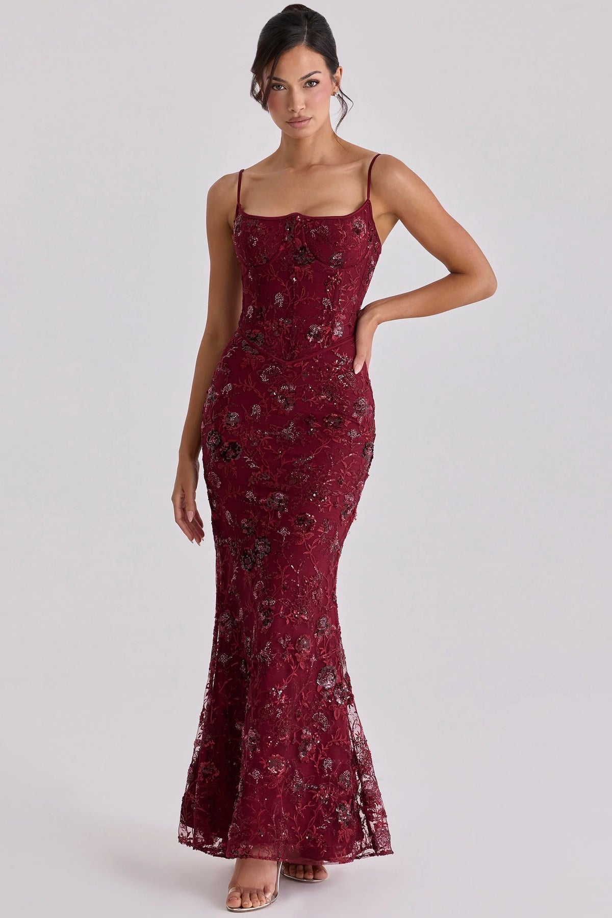wine hand beaded embellished corset maxi dress - limited edition