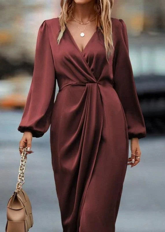 Elegant Red Draped V-Neck Midi Dress