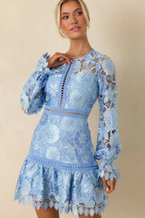 Keep It Authentic Light Blue Floral Embroidered Mini Dress