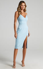 Big Ideas Midi Dress - V Neck Thigh Split Dress in Light Blue