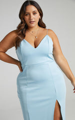 Big Ideas Midi Dress - V Neck Thigh Split Dress in Light Blue