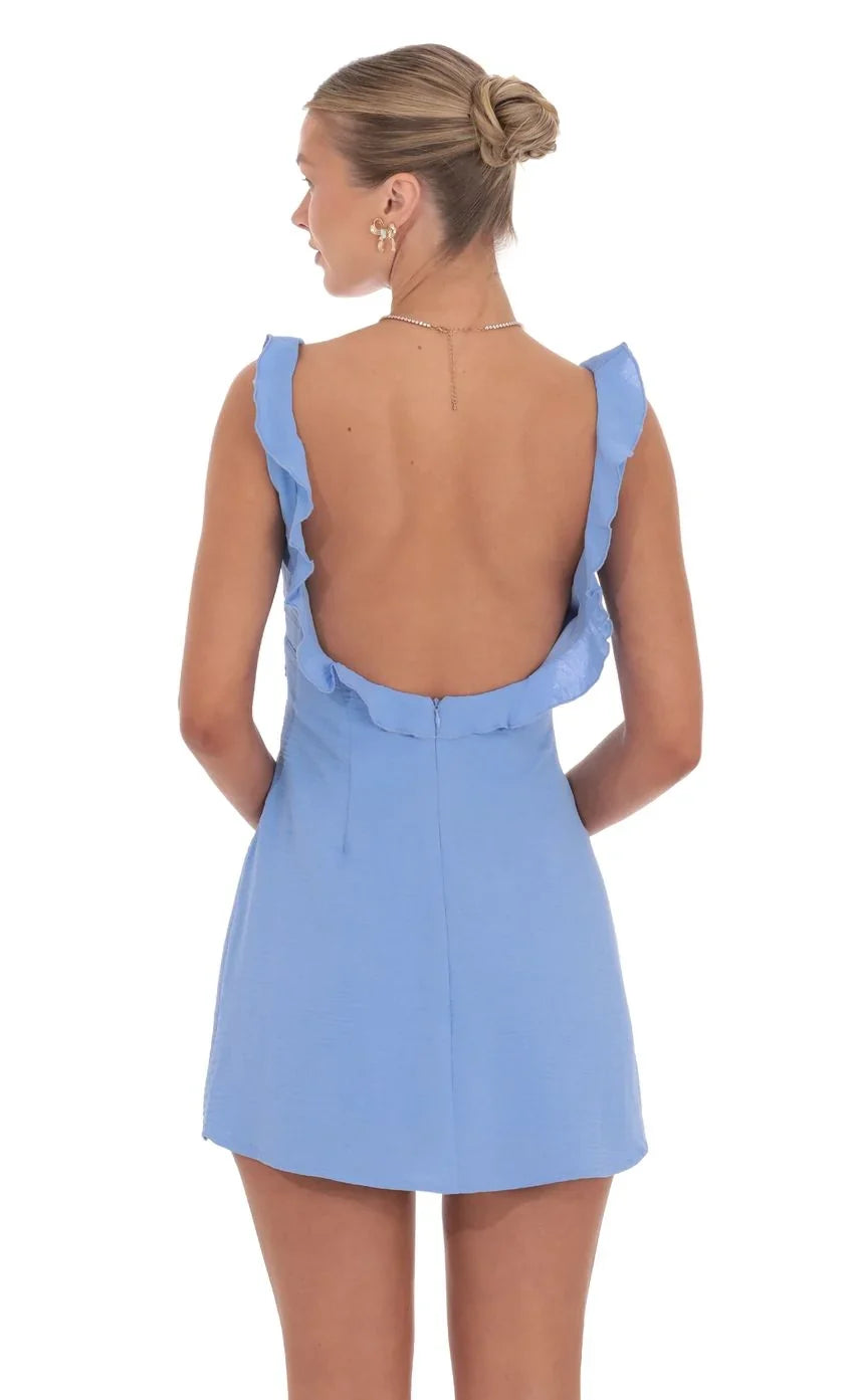 Ruffle V-Neck Dress in Light Blue