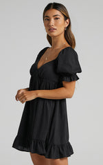 Levana Mini Dress - Empire Waist Puff Sleeve Dress in Black